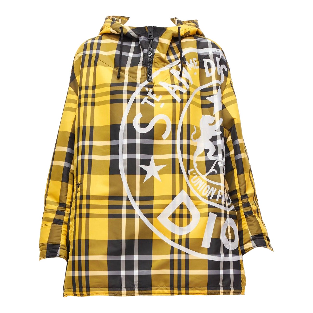 CHRISTIAN DIOR 2022 Runway yellow tartan half zip hooded nylon popover XS For Sale