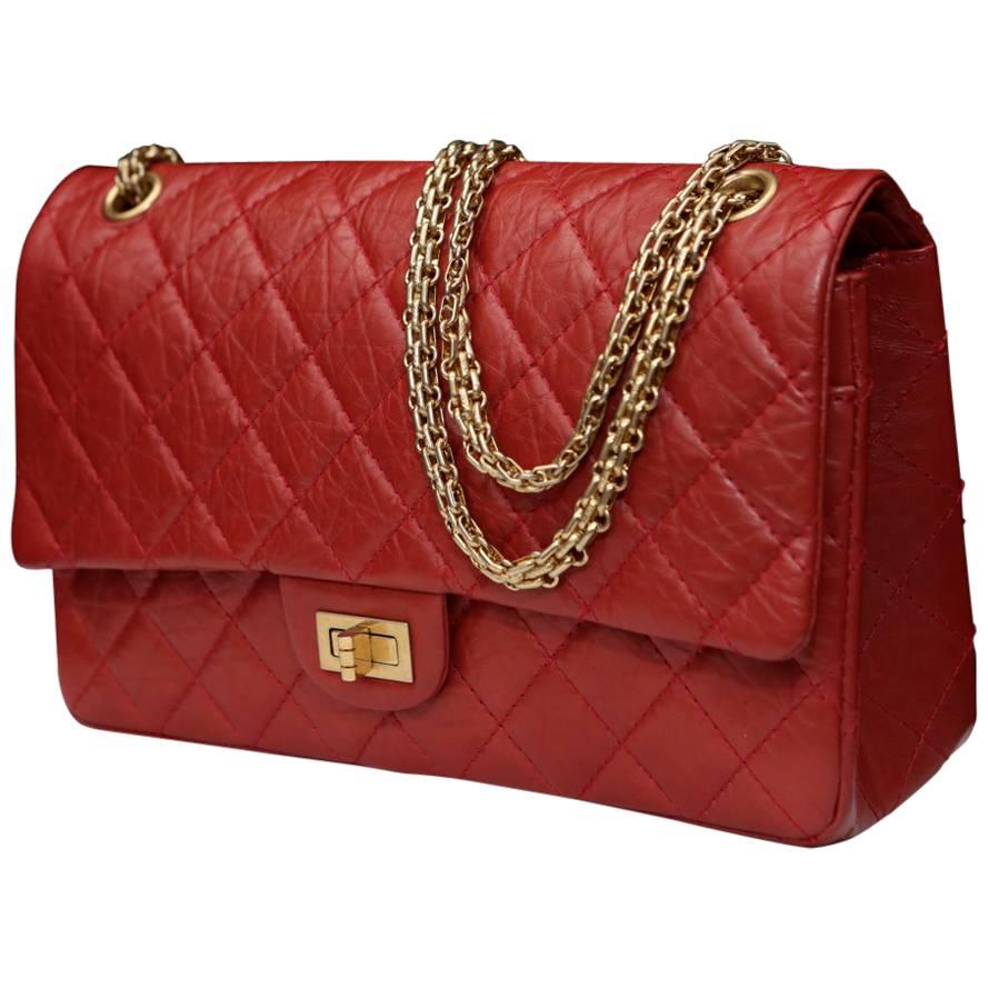 2000s Chanel 2-55 Jumbo Size Red Leather and Gilt Hardware Handbag