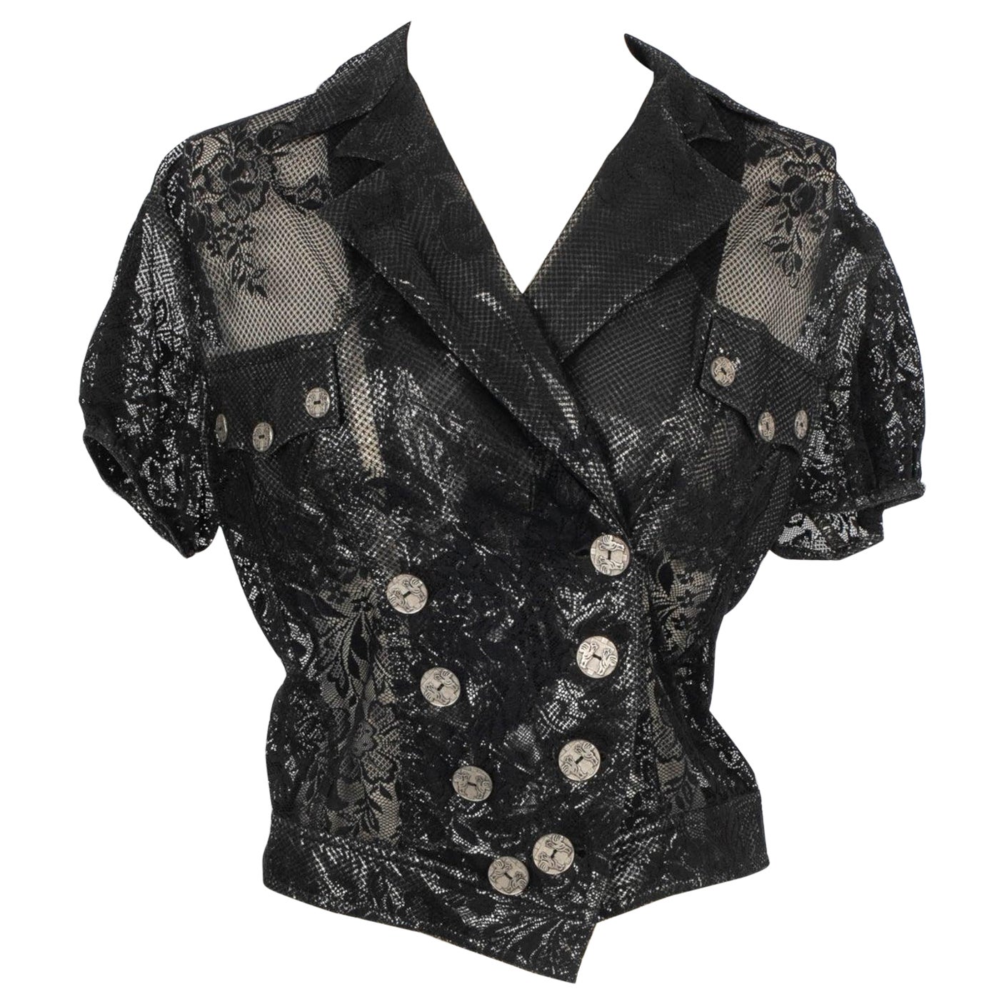 John Galliano Schwarzes kurzärmeliges Top aus Spitze im Angebot