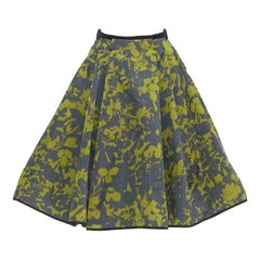 LOUIS VUITTON green floral jacquard velvet trim LV zip flared skirt