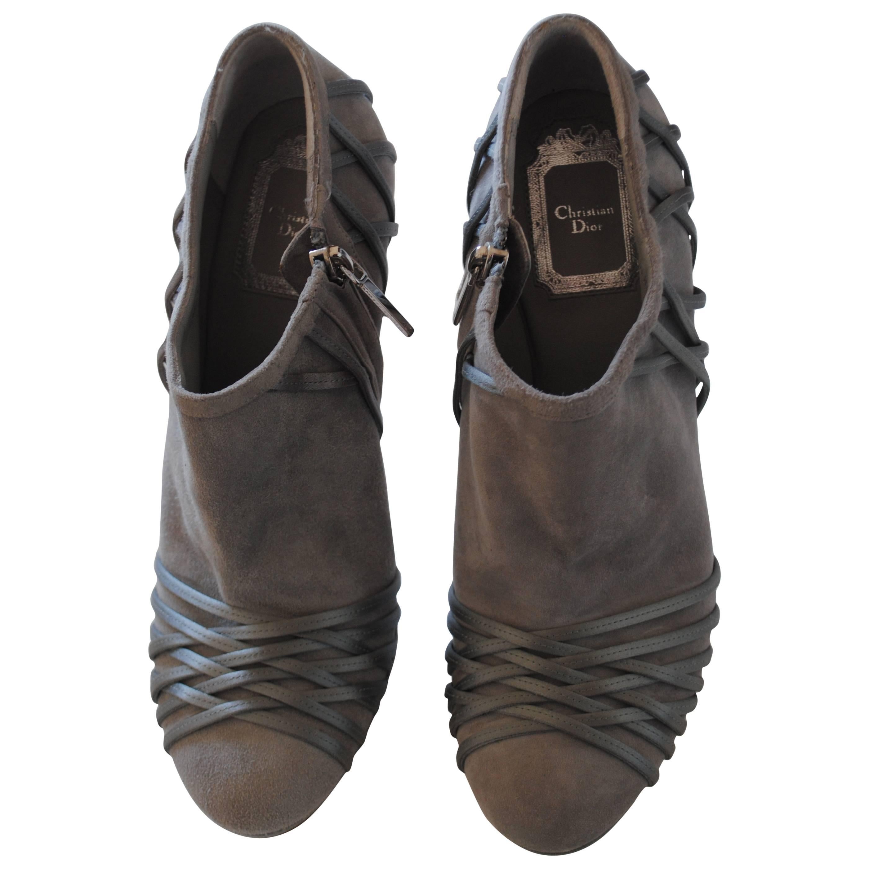 Christian Dior Grey Velvet Leather ankle boot