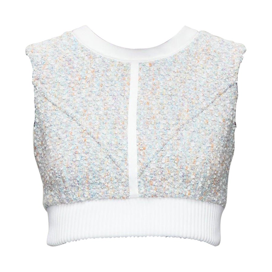 LOUIS VUITTON 2023 Runway pastel white boucle tweed crew crop top FR34 XS For Sale