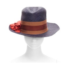 LANVIN 2015 Alber Elbaz red flower brown web ribbon navy straw fedora hat M