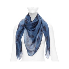 ALEXANDER MCQUEEN blue navy skull logo print 100% silk scarf