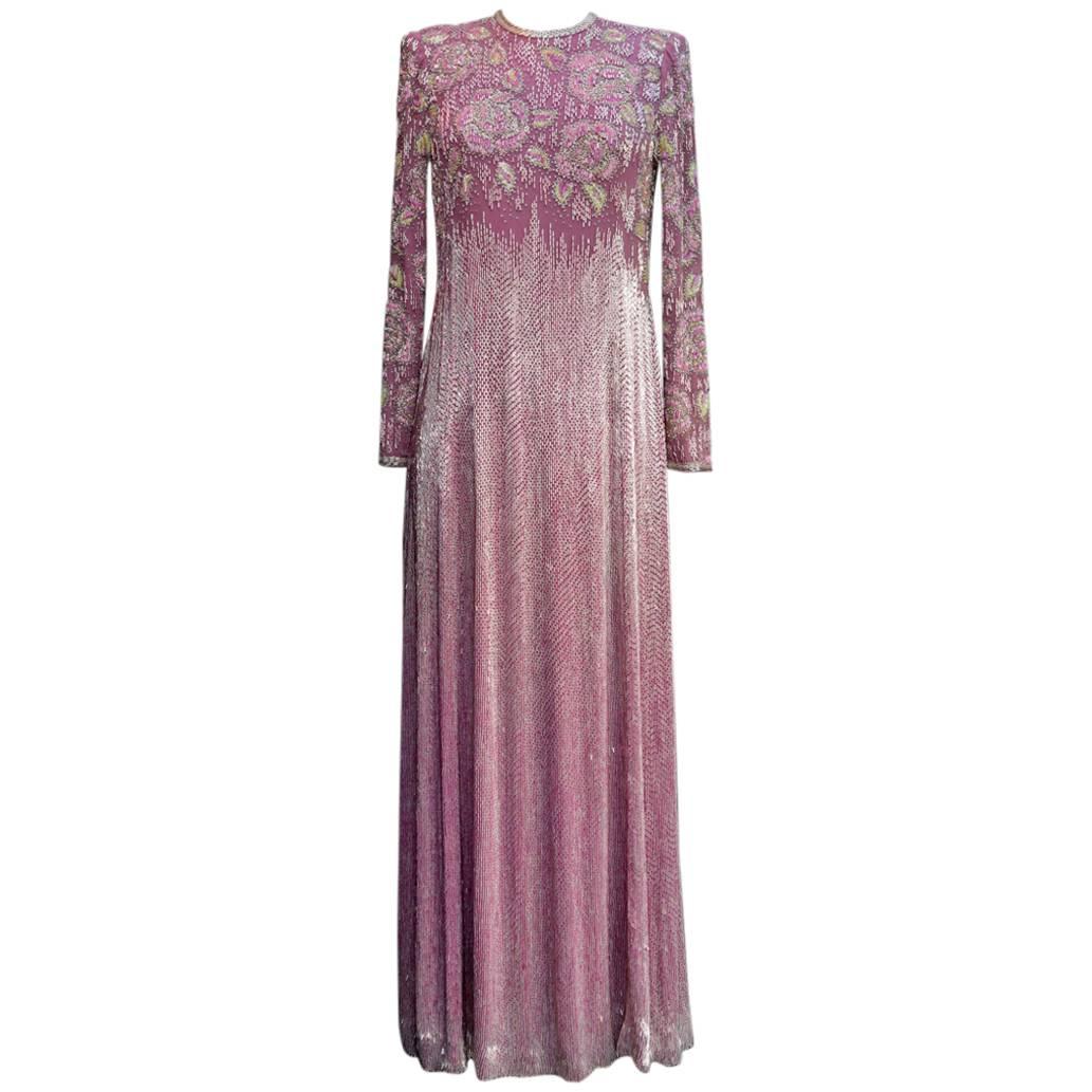 1975s Jean Louis Scherrer Long Iridescent Violet Beaded Gown For Sale