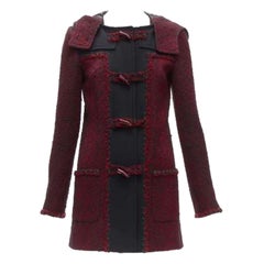 CHANEL 11A Runway red black wool tweed CC logo toggle button duffel coat FR36 S