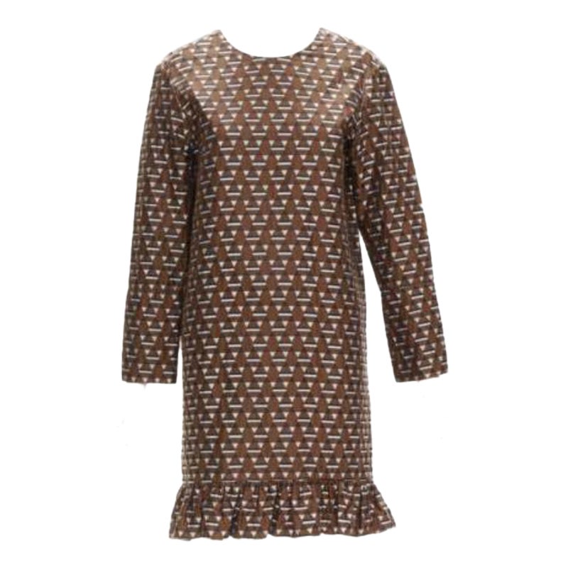 MARNI brown blue geometric jacquard frill hem dress IT38 XS For Sale