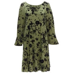 DRIES VAN NOTEN Grünes devore Kleid mit Glockenärmeln und Glockenärmeln aus Baumwolle mit Blumenmuster XS