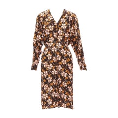 MARNI pink brown geometric flower print panelled sleeves V neck dress IT38 XS