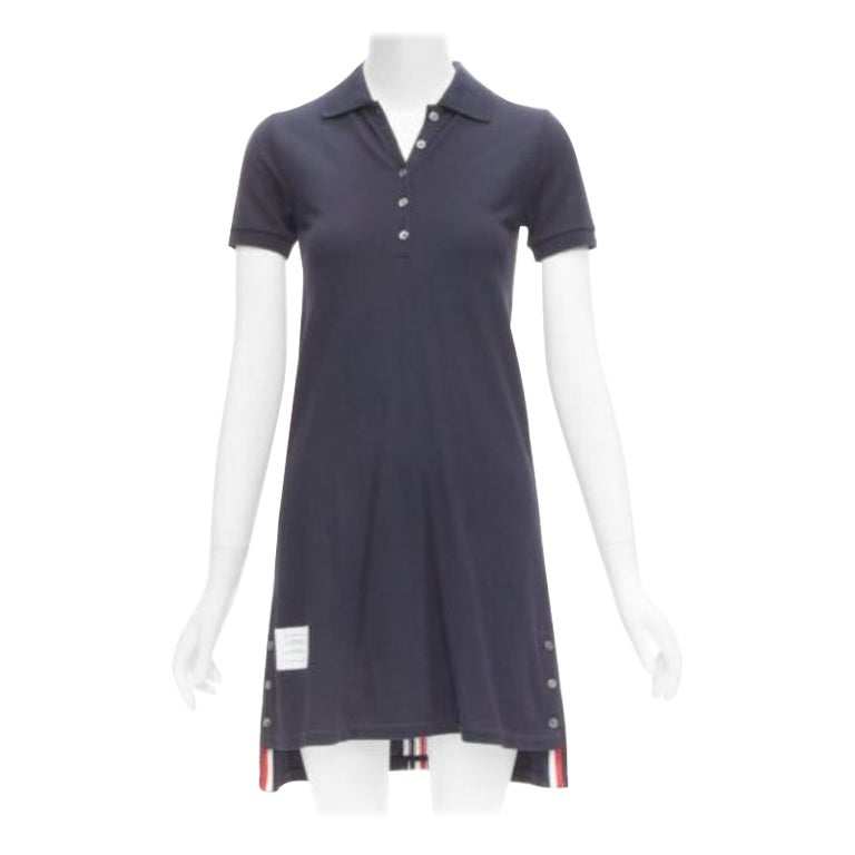 THOM BROWNE navy blue signature stripe webbing pique polo dress IT36 XXS For Sale
