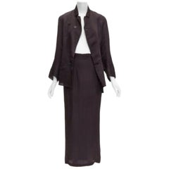 YOHJI YAMAMOTO Vintage brown silk flap pockets mandarin collar jacket skirt S