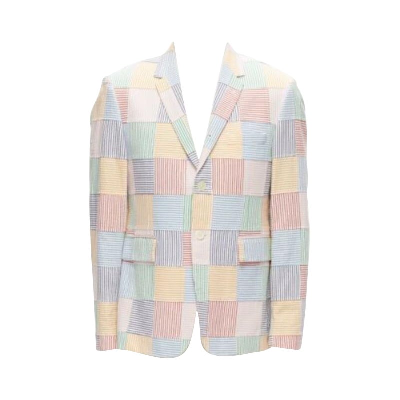 THOM BROWNE colourful stripes patchwork seersucker 2 button blazer jacket Sz 2 M For Sale