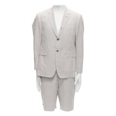 THOM BROWNE Grau-Weiß gestreifter Seersucker-Blazer-Jacken-Shortsanzug Gr. 3 L