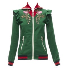 GUCCI Alessandro Michele green pink floral applique ruffled track jacket XS