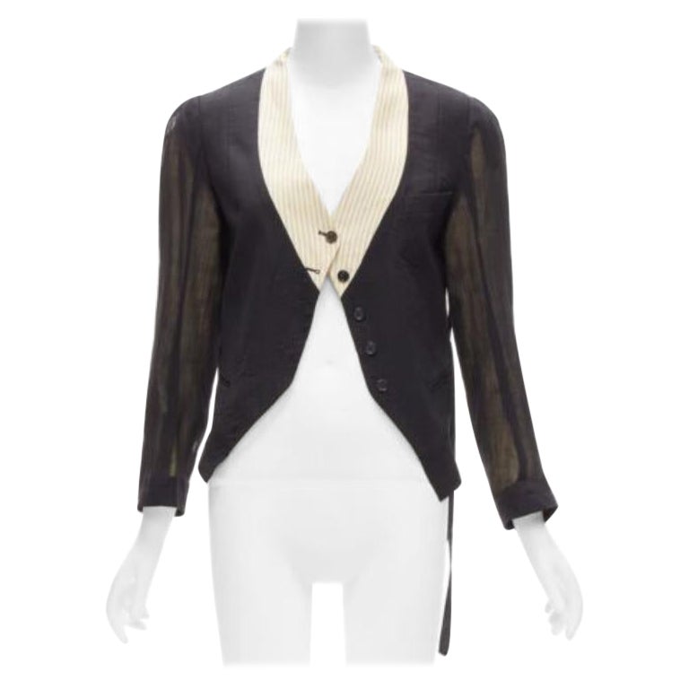 ANN DEMEULEMEESTER black overlay sheer cream topstitched jacket FR36 S For Sale