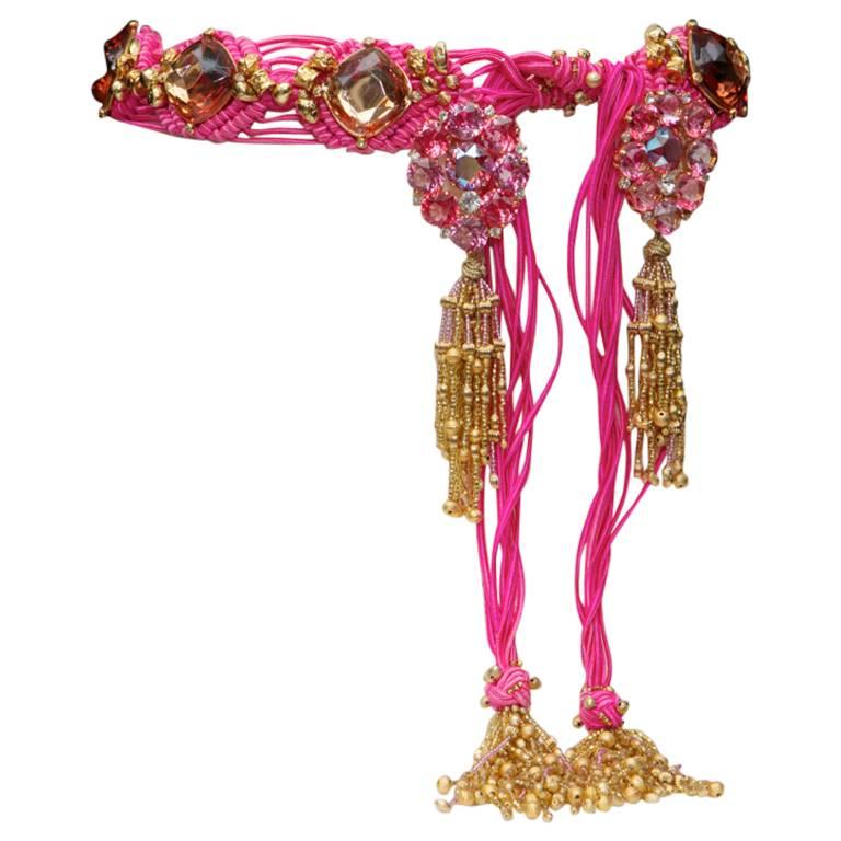 Late 1970s Yves Saint Laurent Pink Passementerie Crystals and Tassels Belt
