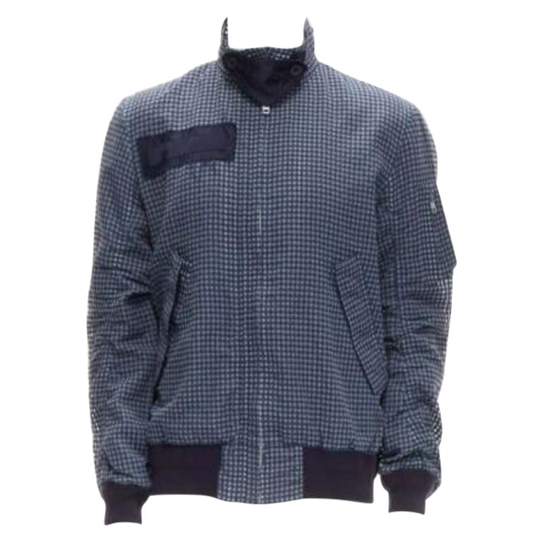 SACAI 2015 navy grey gingham cotton blend high neck bomber jacket JP3 L For Sale