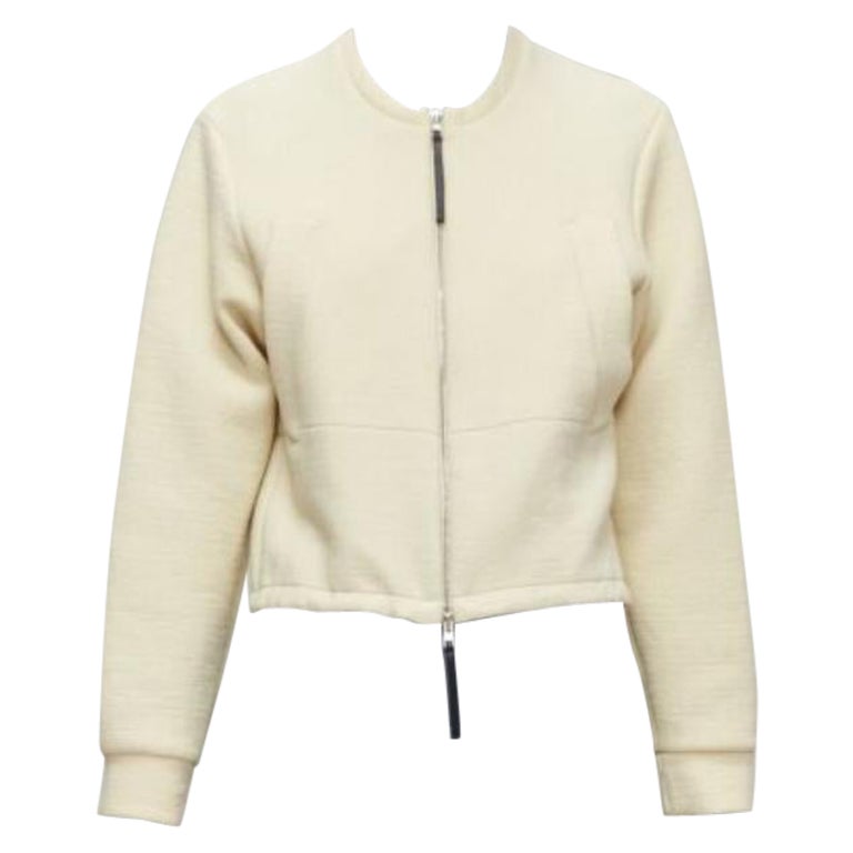 MARNI cream cotton leather zip pull cropped bomber jacket IT36 XXS For Sale