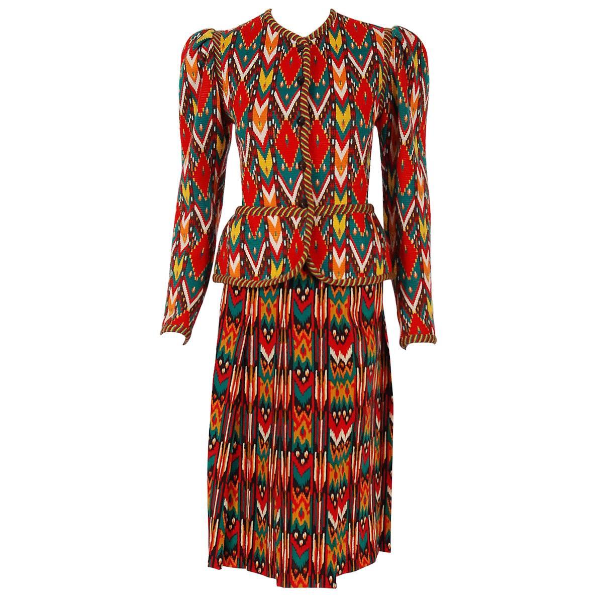 1979 Yves Saint Laurent Documented Navajo Ikat Wool Knit Peplum Jacket Skirt Set