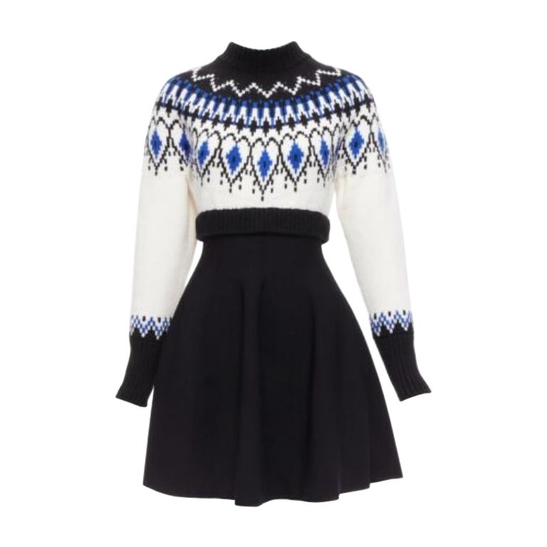 ALEXANDER MCQUEEN 2022 100%wool blue black fairisle long sleeve sweater dress XS For Sale