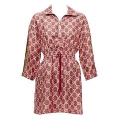 GUCCI 100% silk red beige GG supreme monogram print web trim mini dress XXS