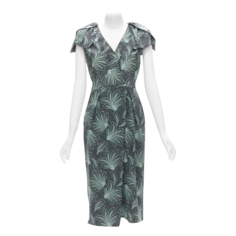 DRIES VAN NOTEN Runway green leaf print petal sleeves V neck midi dress FR36 S For Sale