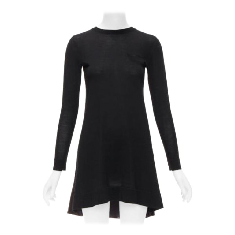 SACAI LUCK black wool inverted pleat back satin flared sweater dress JP1 S For Sale
