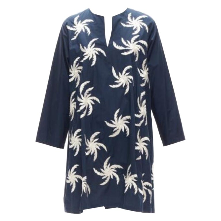 DRIES VAN NOTEN navy white 100% cotton floral embroidery boxy dress XS For Sale