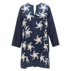 DRIES VAN NOTEN abito boxy bianco navy 100% cotone con ricamo floreale XS