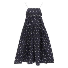 CECILIE BAHNSEN black floral empire string strap babydoll flared dress US6 M