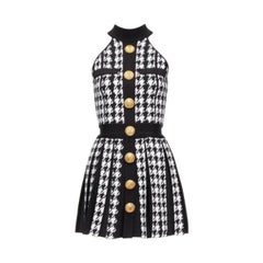 BALMAIN 2023 negro blanco pata de gallo dorado botón león  mini vestido halter FR34 XS
