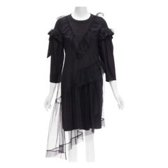 SIMONE ROCHA vestido camisero negro asimétrico de tul con volante superpuesto S