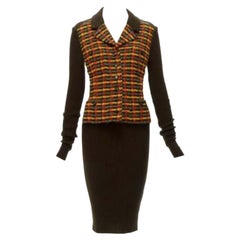 CHANEL 95A 100% cashmere brown yellow checked tweed vest layered dress FR36 S