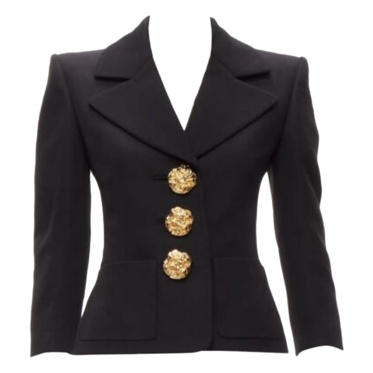 SAINT LAURENT 2023 black wool gold floral buttons 80s power blazer FR34 XS For Sale