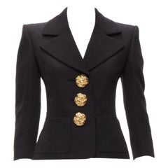 SAINT LAURENT 2023 black wool gold floral buttons 80s power blazer FR34 XS
