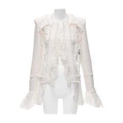 BALMAIN Spencer pink white tweed sheer lace ruffle blazer jacket FR34 XS