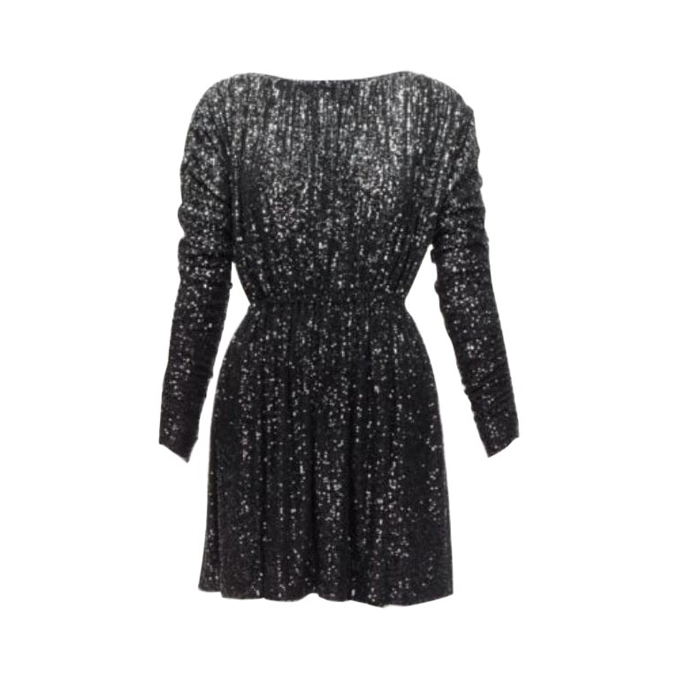 SAINT LAURENT 2020 silver black gradient sequins cropped mini bateau dress XS For Sale