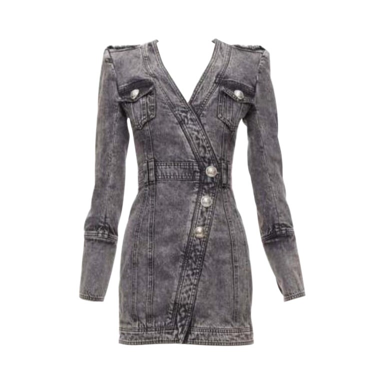 BALMAIN grey acid washed denim button embellished wrapped mini dress FR34 XS