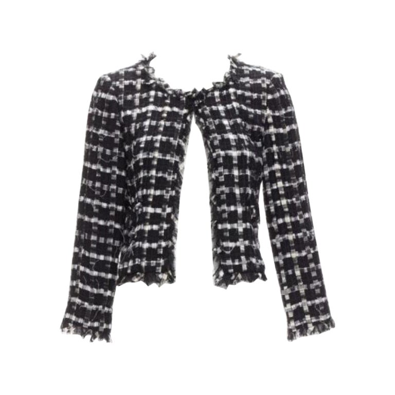CHANEL black white raw frayed check tweed gripoix buttons cropped jacket FR40 L