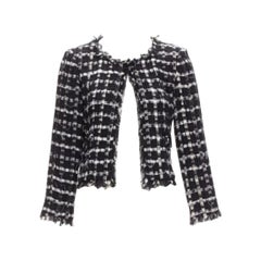 CHANEL black white raw frayed check tweed gripoix buttons cropped jacket FR40 L
