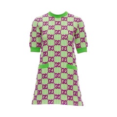 GUCCI 2022 purple green wool GG monogram jacquard crew sweater dress XXS