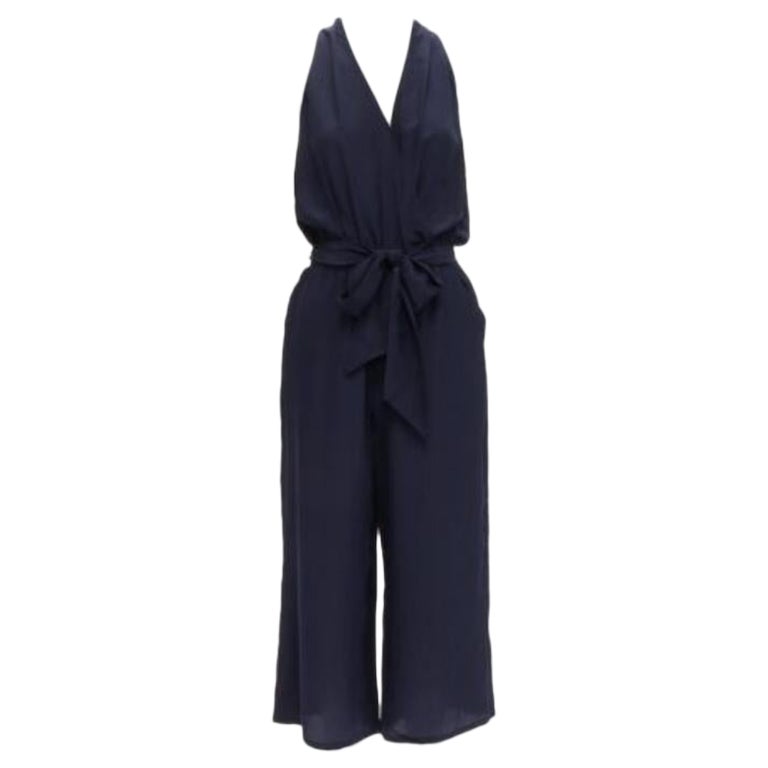 TORY BURCH 100% silk navy V neck wide leg wrap tie wide leg jumpsuit XS For Sale