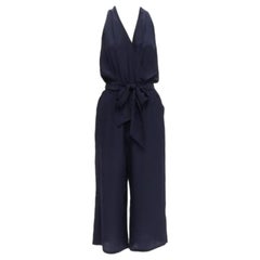 TORY BURCH 100% silk navy V neck wide leg wrap tie wide leg jumpsuit XS
