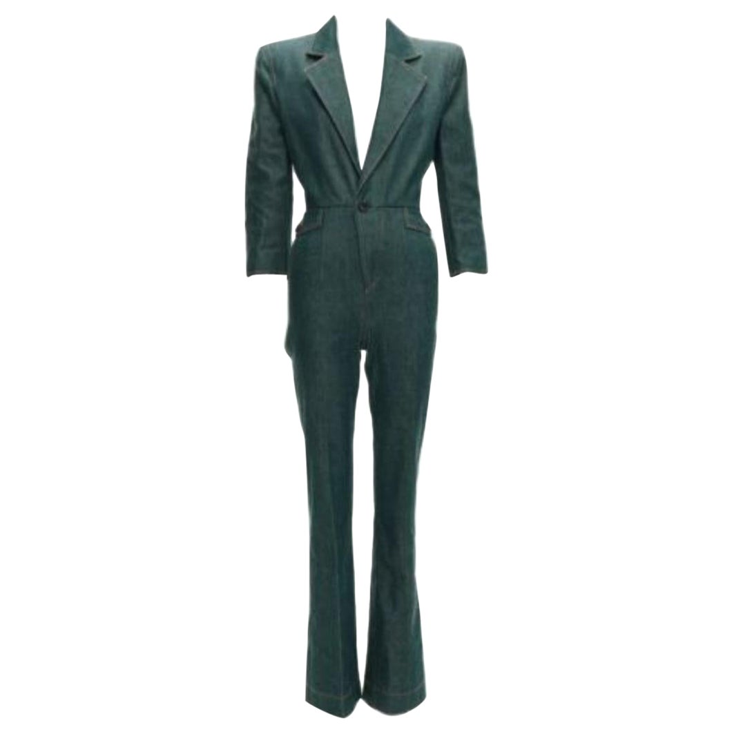 SAINT LAURENT 2022 Runway blue denim pocketed power shoulder jumpsuit FR34 XS For Sale