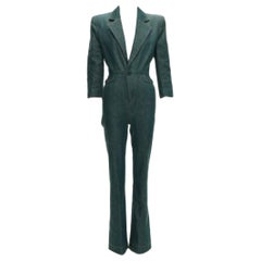 SAINT LAURENT 2022 Runway blue denim pocketed power shoulder jumpsuit FR34 XS