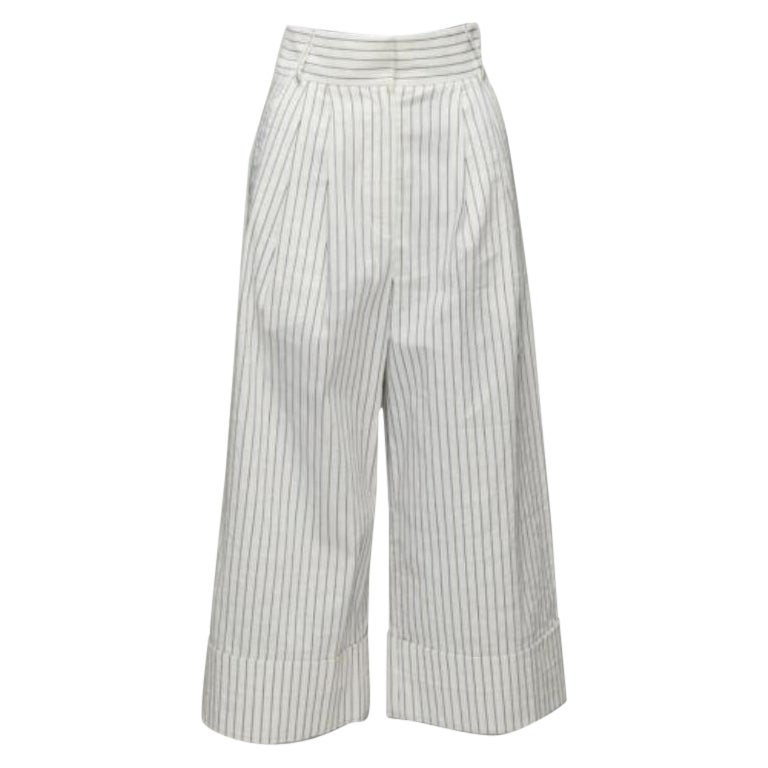 TIBI white black pinstriped linen pleated front wide leg cropped pants US0 XS For Sale