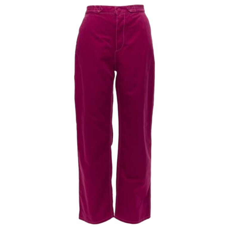 MARNI burgundy cotton linen topstitch belt waist wide leg pants IT38 XS For Sale