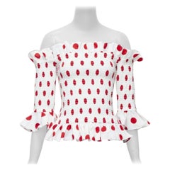 CAROLINE CONSTAS Weiß Rot Tupfen-Top aus Baumwolle mit Rüschenmuster und Rüschen XS