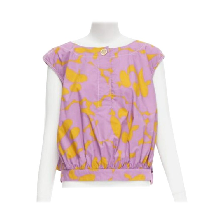 MARNI 100% cotton purple mustard abstract floral overstitched boxy vest IT38 XS For Sale
