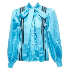 rara GUCCI ADIDAS blusa de seda azul 3 rayas lazo victoriana manga abullonada IT38
